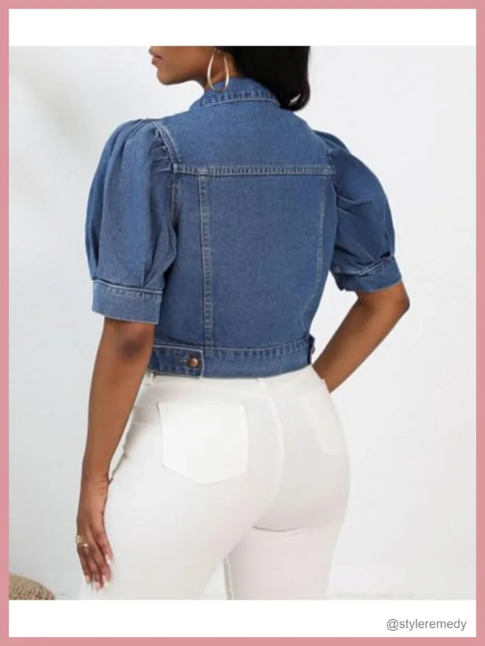 Cropped Denim Jacket Short Puff Sleeve Button Down Summer Lightweight